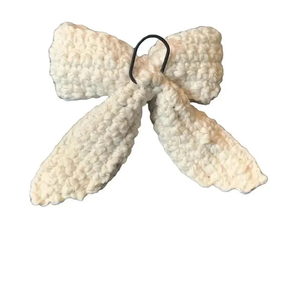 OVERSIZE Crochet Bow Hair Tie White Extra Large Ponytail Coquette Lolita Cottage - Picture 2 of 6